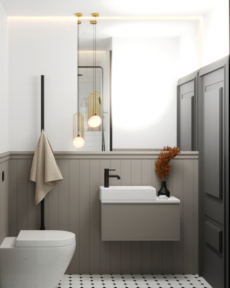 szara łazienka w stylu nowoczesnej klasyki - pracownia wnętrz kraków