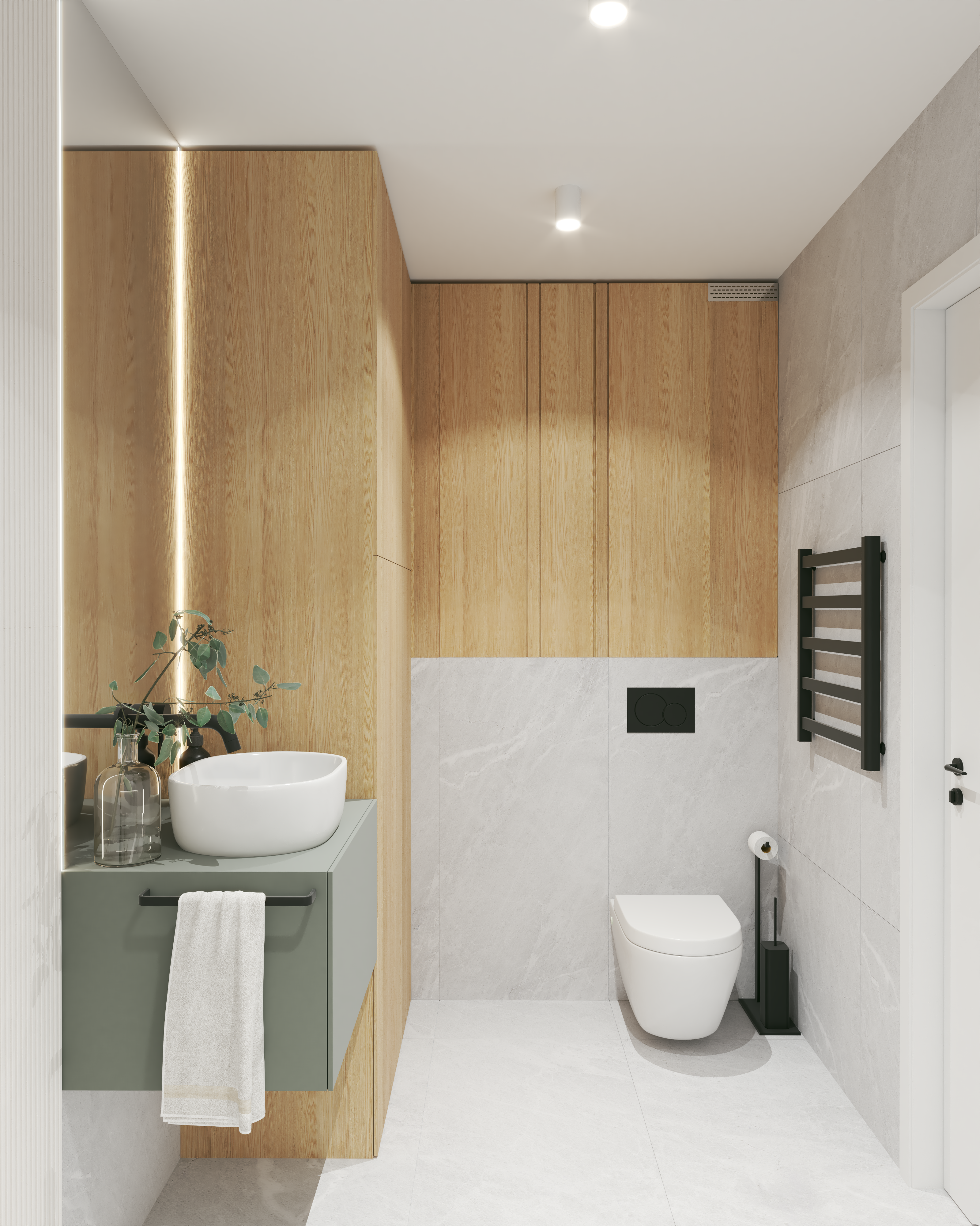 łazienka minimalistyczna drewniana aranżacja wnętrz w krakowie